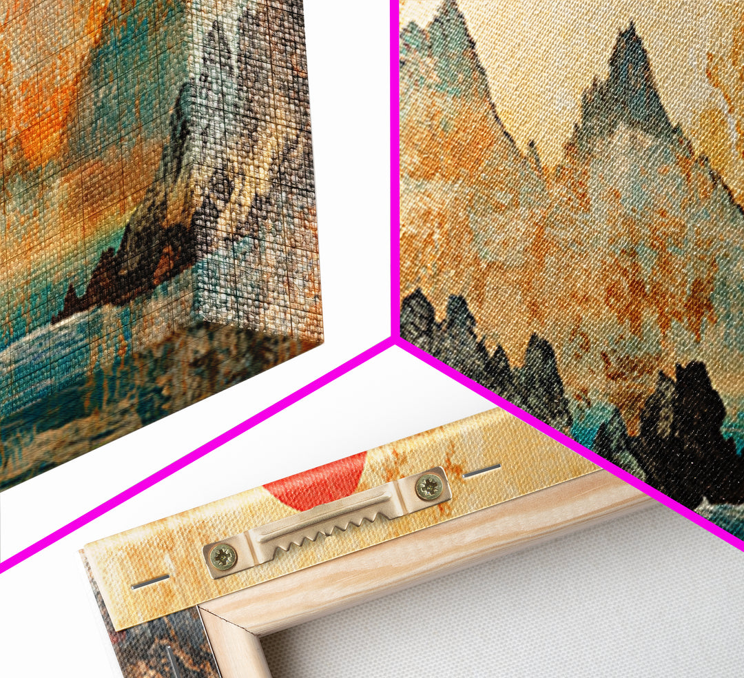 Red Sun Mountain Lake Canvas Print, Japanese Landscape Wall Art, Panoramic Coastal Decor, Large Living Room Art, Above Sofa Art