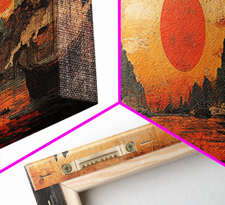 Orange Sunset Harbor Wall Art, Asian Landscape Canvas Print, Coastal Seascape Decor, Panoramic Living Room Art, Above Sofa Art