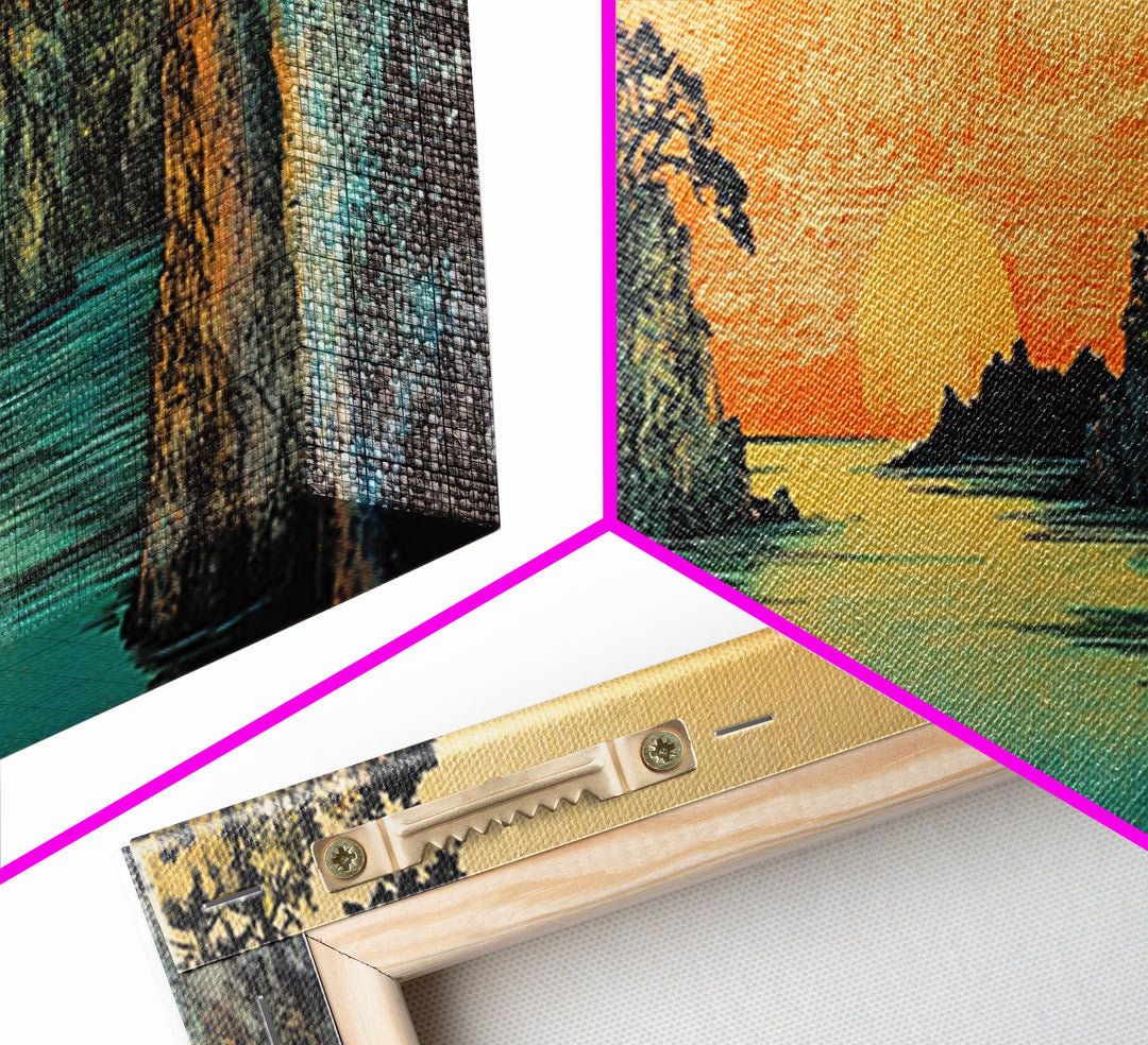 Teal River Canyon Sunset Framed Canvas Print, Coastal Landscape Wall Art, Japandi Decor, Panoramic Above Sofa Art For Living Room Decor