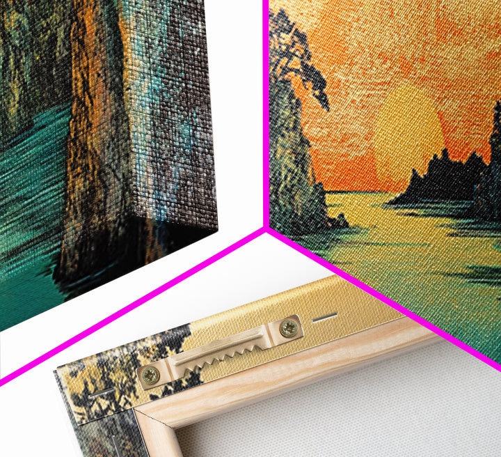Teal River Canyon Sunset Framed Canvas Print, Coastal Landscape Wall Art, Japandi Decor, Panoramic Above Sofa Art For Living Room Decor