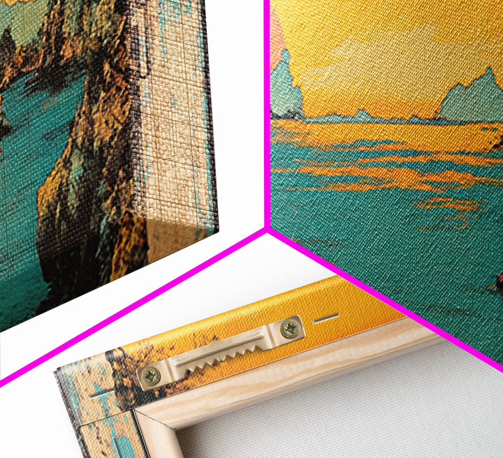 Turquoise Sea Cliff Sunset Canvas Print, Coastal Wall Art, Japanese Landscape Decor, Panoramic Beach House Wall Decor, Large Art