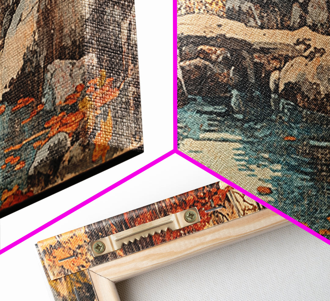 Autumn Rocky Creek Canvas Print, Japanese Landscape Painting, Rustic Nature Wall Decor, Panoramic Living Room Art, Home Decor