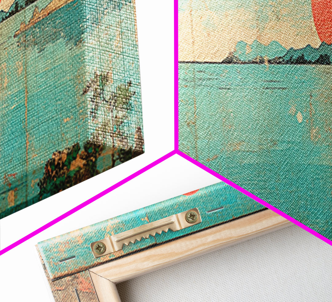 Turquoise Japanese Sea Sunset Framed Canvas Print, Coastal Landscape Wall Decor, Minimalist Panoramic Living Room Art Print