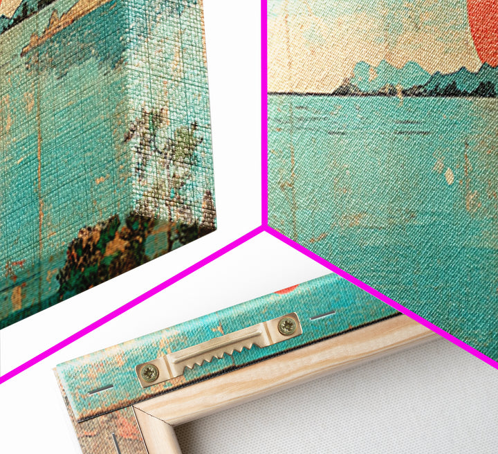 Turquoise Japanese Sea Sunset Framed Canvas Print, Coastal Landscape Wall Decor, Minimalist Panoramic Living Room Art Print