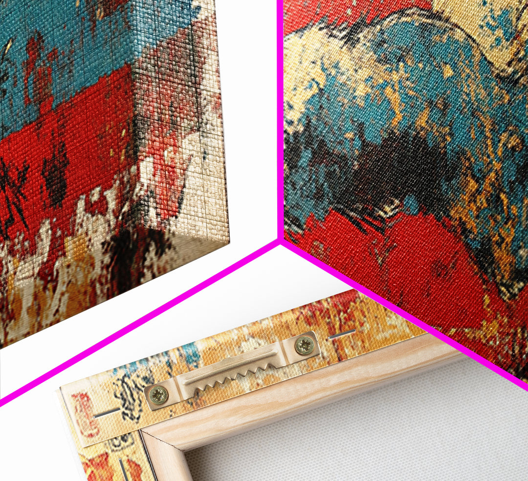 Running Hare Over Red And Blue Brushstrokes Wall Art, Japanese Rabbit Canvas Print, Whimsical Animal Decor, Bold Wall Decor