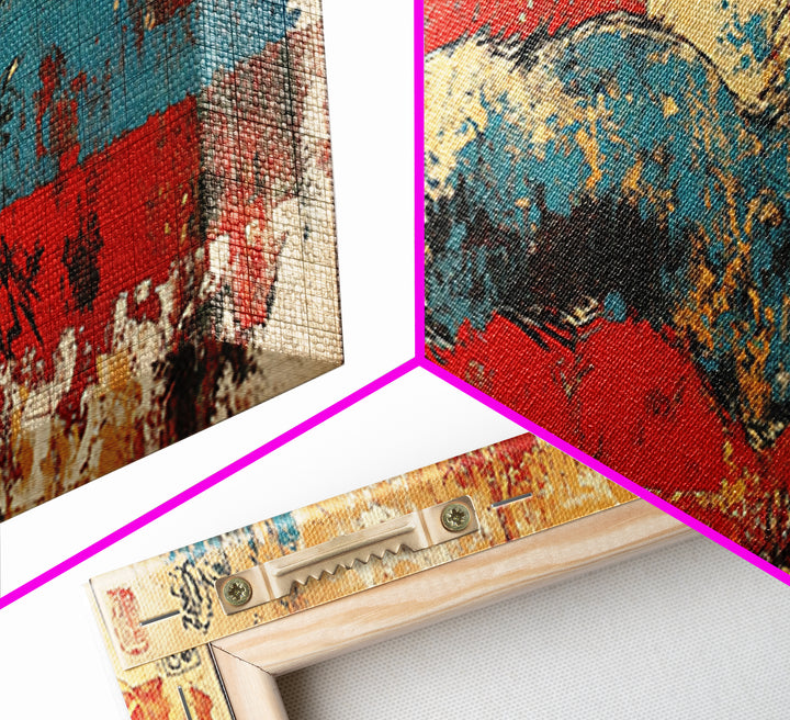 Running Hare Over Red And Blue Brushstrokes Wall Art, Japanese Rabbit Canvas Print, Whimsical Animal Decor, Bold Wall Decor