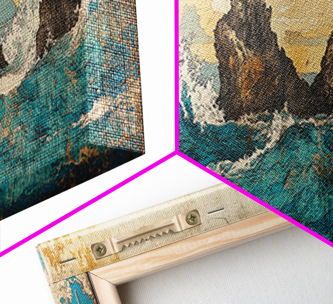 Jagged Sea Stacks In Turquoise Waves Wall Art, Large Panoramic Coastal Seascape Canvas Print, Nautical Decor, Moody Landscape Art