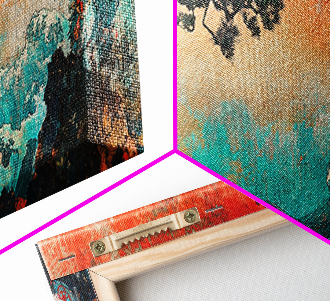 Stormy Teal Ocean Waves And Pine Branch Wall Art, Japanese Seascape Canvas Print, Coastal Decor, Long Horizontal Art, Living Room Decor