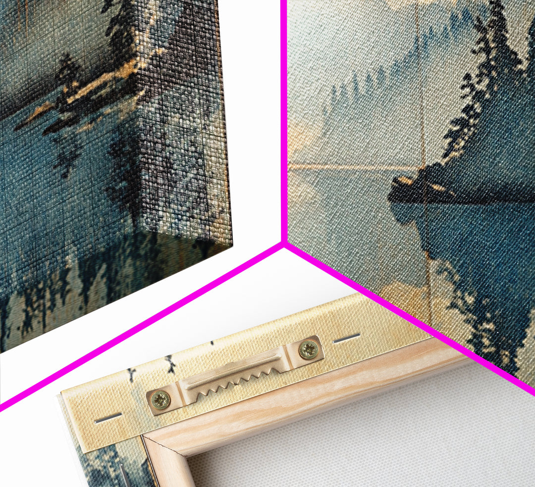 Misty Blue Mountain Lake And Pine Forest Wall Art, Japanese Landscape Canvas Print, Nature Decor, Calming Living Room Art