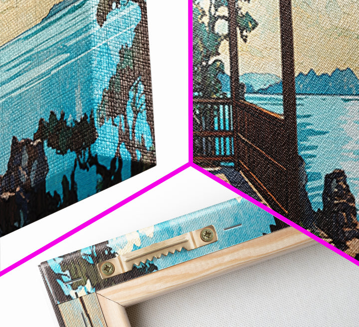 Sunny Japanese Veranda Over Blue Sea Canvas Print, Coastal Wall Art, Beach House Decor, Japandi Living Room Wall Art, Home Decor
