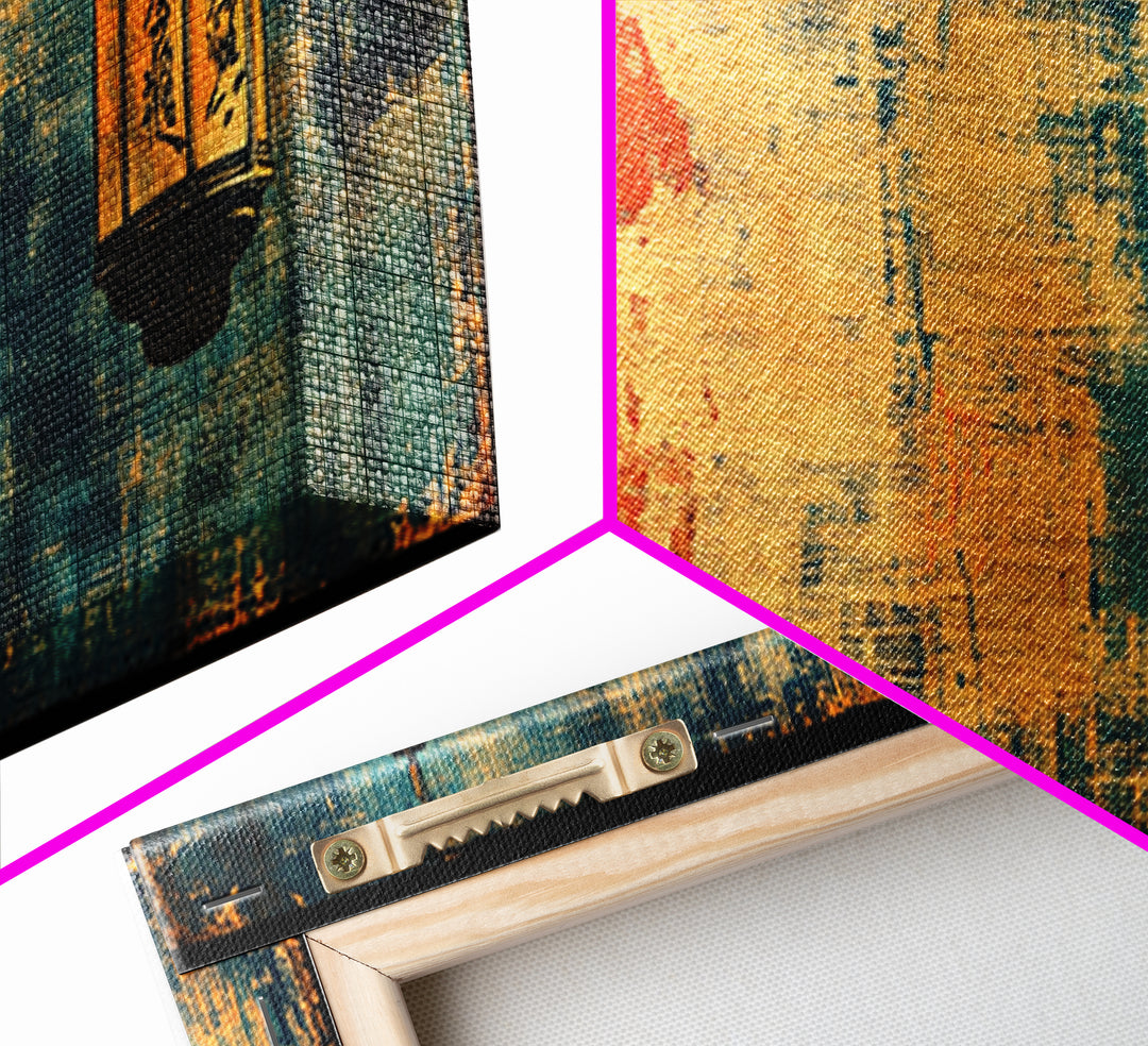 Red Sun And Hanging Lantern On Blue Textured Wall Art, Asian Inspired Canvas Print, Japanese Decor, Moody Abstract Art Print