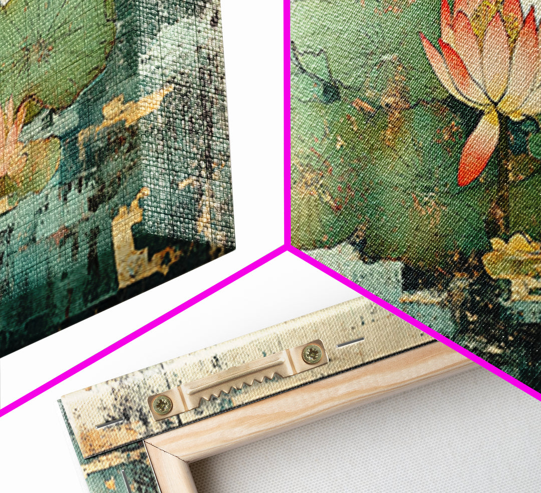 Lotus Pond Water Lily Wall Art, Asian Botanical Canvas Print, Japandi Zen Home Decor, Tranquil Nature Gift For Her, Living Room Decor