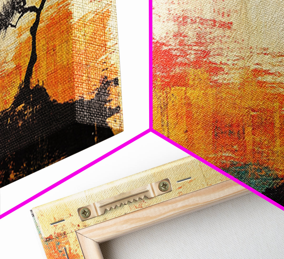 Lone Tree Red Sun Landscape Wall Art, Japandi Canvas Print, Minimalist Nature Decor, Orange Sunset Living Room Art, Above Sofa Decor