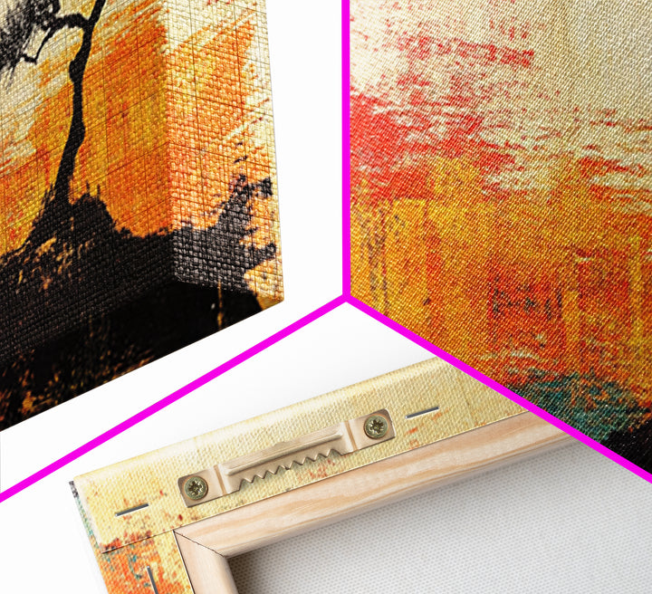 Lone Tree Red Sun Landscape Wall Art, Japandi Canvas Print, Minimalist Nature Decor, Orange Sunset Living Room Art, Above Sofa Decor