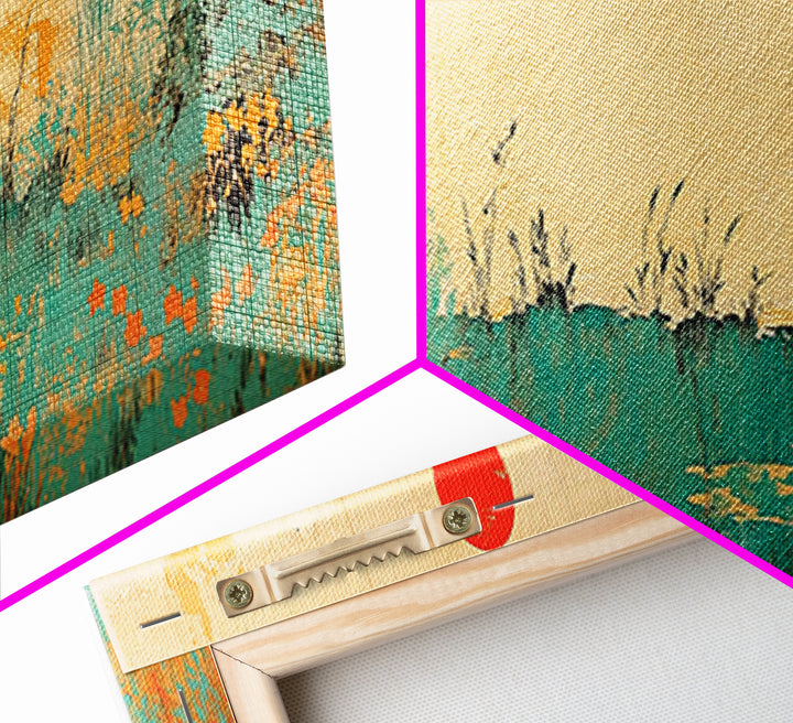 Red Sun Wildflower Marsh Landscape Wall Art, Japanese Inspired Panoramic Canvas, Nature Print, Japandi Living Room Decor