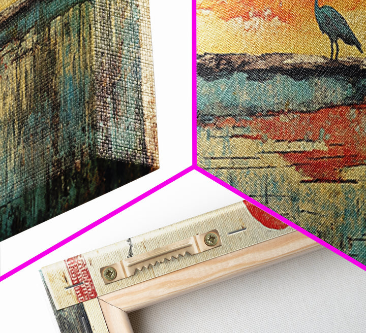 Blue Marsh Heron Red Sun Wall Art, Japanese Inspired Landscape Print, Coastal Wetlands Decor, Serene Bedroom Wall Decor Print