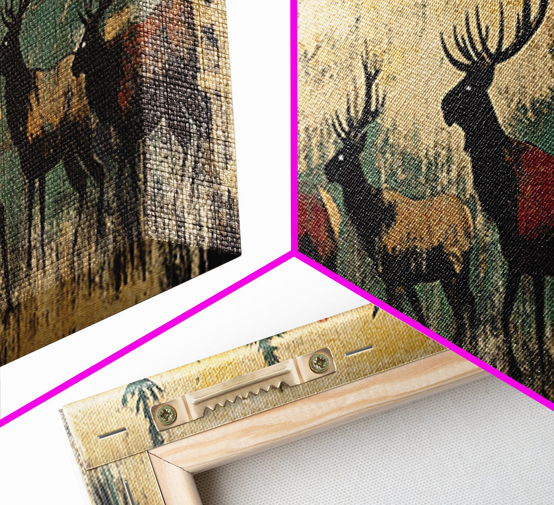 Elk Herd Forest Wildlife Wall Art, Rustic Panoramic Canvas Print, Lodge Cabin Decor, Nature Lover Gift For Him, Living Room Wall Decor