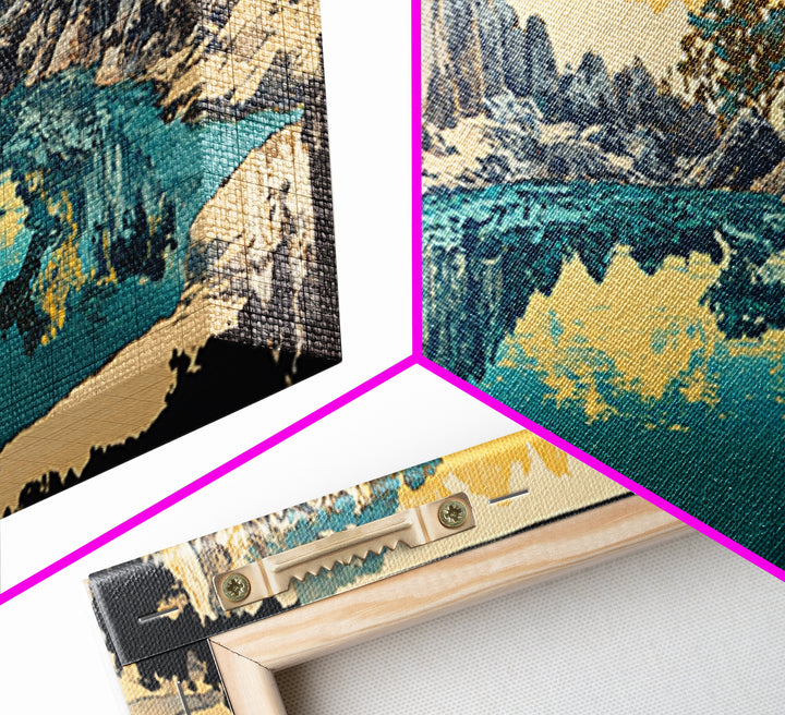 Turquoise Mountain Lake Canvas Print, Rocky Alpine Landscape Wall Art, Serene Nature Decor, Japandi Living Room Art Gift