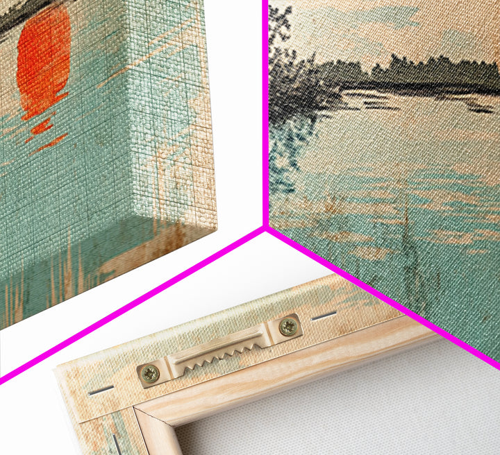 Red Sun Over Serene Teal Lake Wall Art, Japanese Landscape Print, Panoramic Canvas, Japandi Living Room Decor, Coastal Home Decor