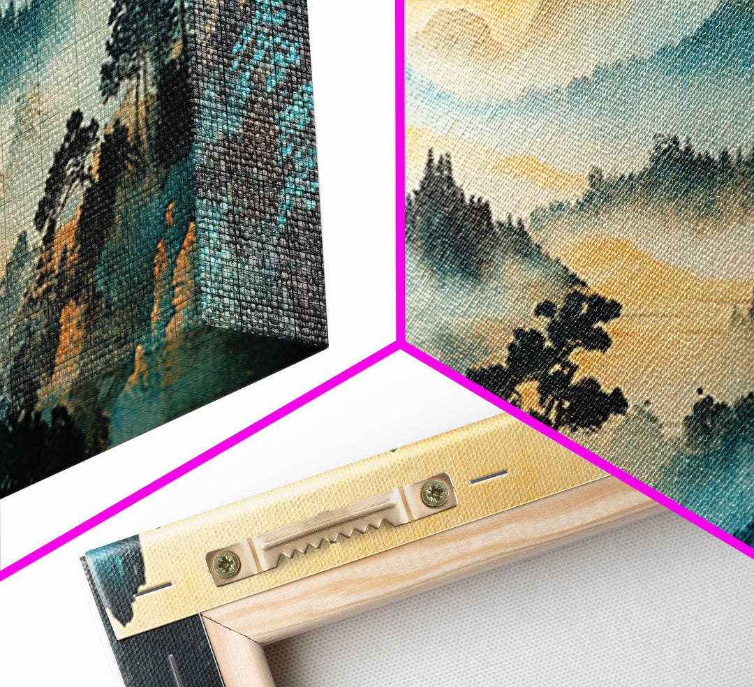 Misty Blue Mountain Valley Canvas Print, Asian Landscape Wall Art, Panoramic Nature Print, Japandi Living Room Decor, Housewarming Gift