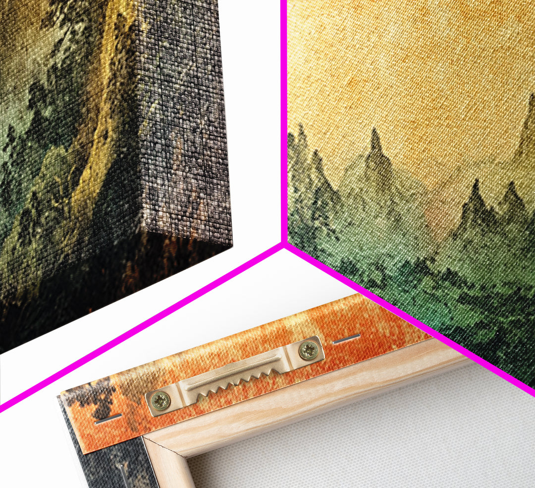 Mystical Mountain Valley At Sunset Canvas Print, Asian Landscape Wall Art, Moody Nature Decor, Panoramic Living Room Art