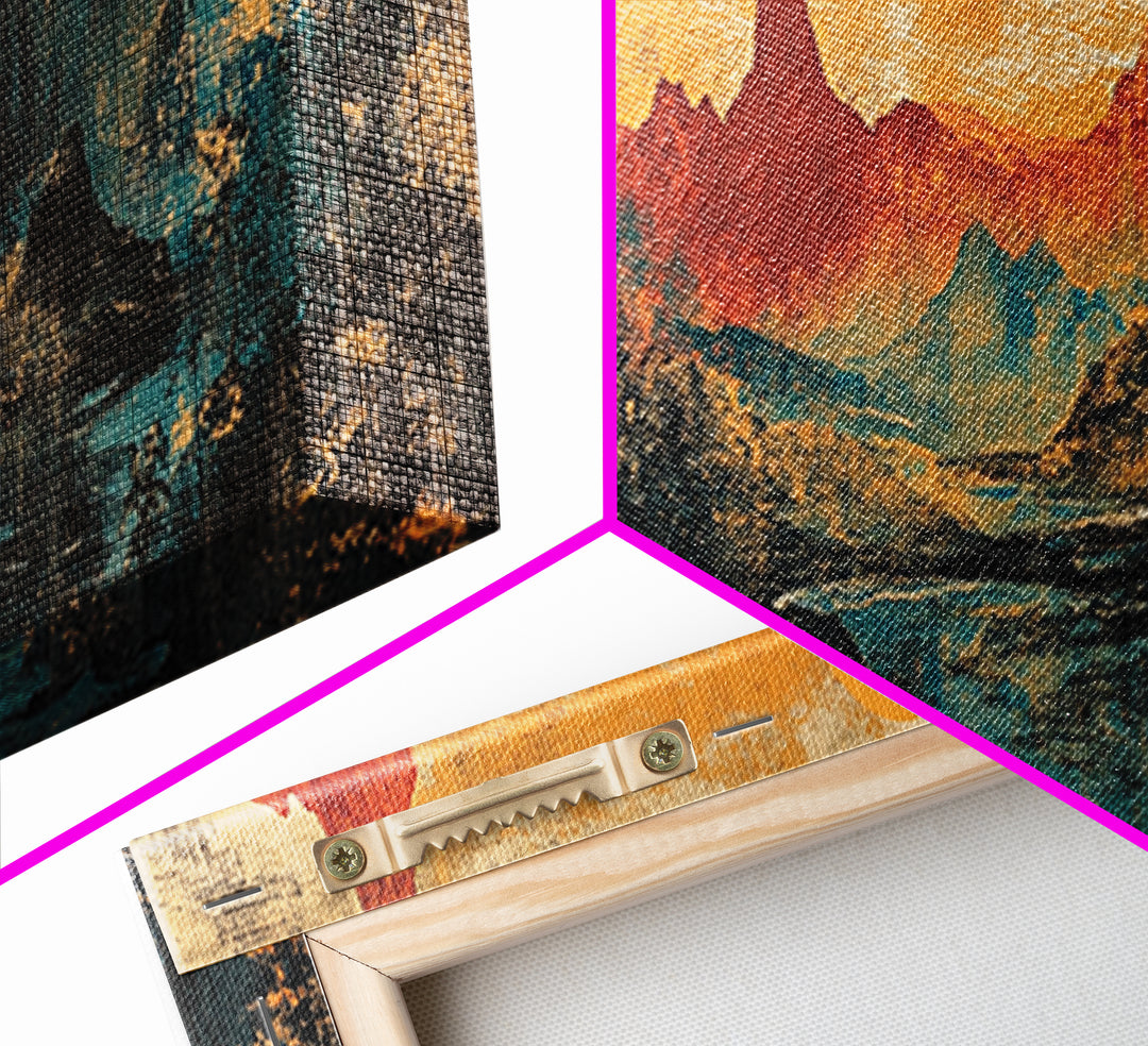 Orange Sun Over Dramatic Mountain Range Canvas Print, Asian Landscape Wall Art, Rustic Desert Decor, Statement Wall Art For Office Decor
