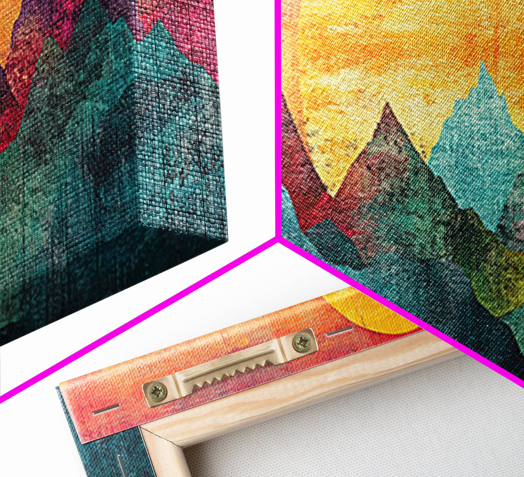Geometric Mountain Sunrise With Teal And Magenta Peaks Wall Art, Mid Century Modern Canvas Print, Colorful Landscape Decor