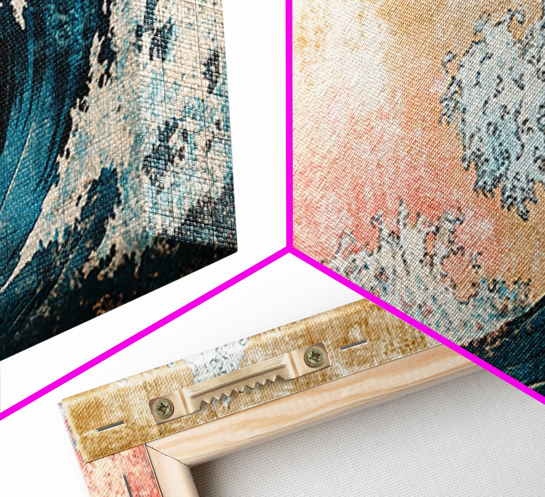 Crashing Blue Wave With Pink Coral Sky Wall Art, Framed Canvas Print, Coastal Seascape, Ocean Wall Decor, Beach House Decor
