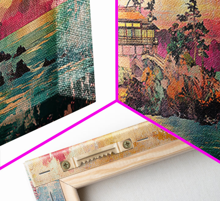 Japanese Palace On Turquoise Coast Wall Art, Panoramic Canvas Print, Asian Landscape Art For Japandi Living Room Decor Print