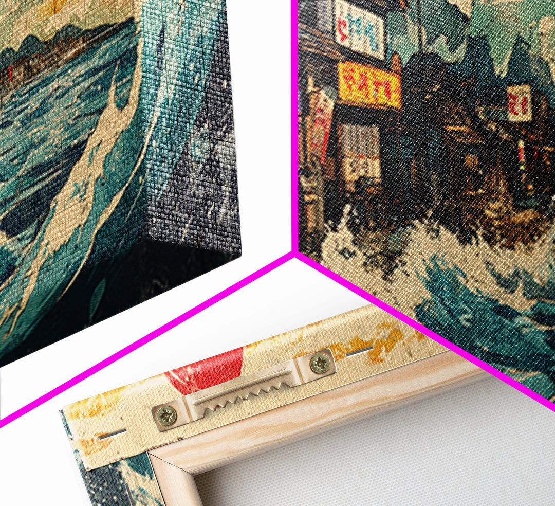 Japanese Seaside Village With Red Sun Wall Art, Panoramic Canvas Print, Ocean Wave Decor, Coastal Kitchen Art Print Home Decor