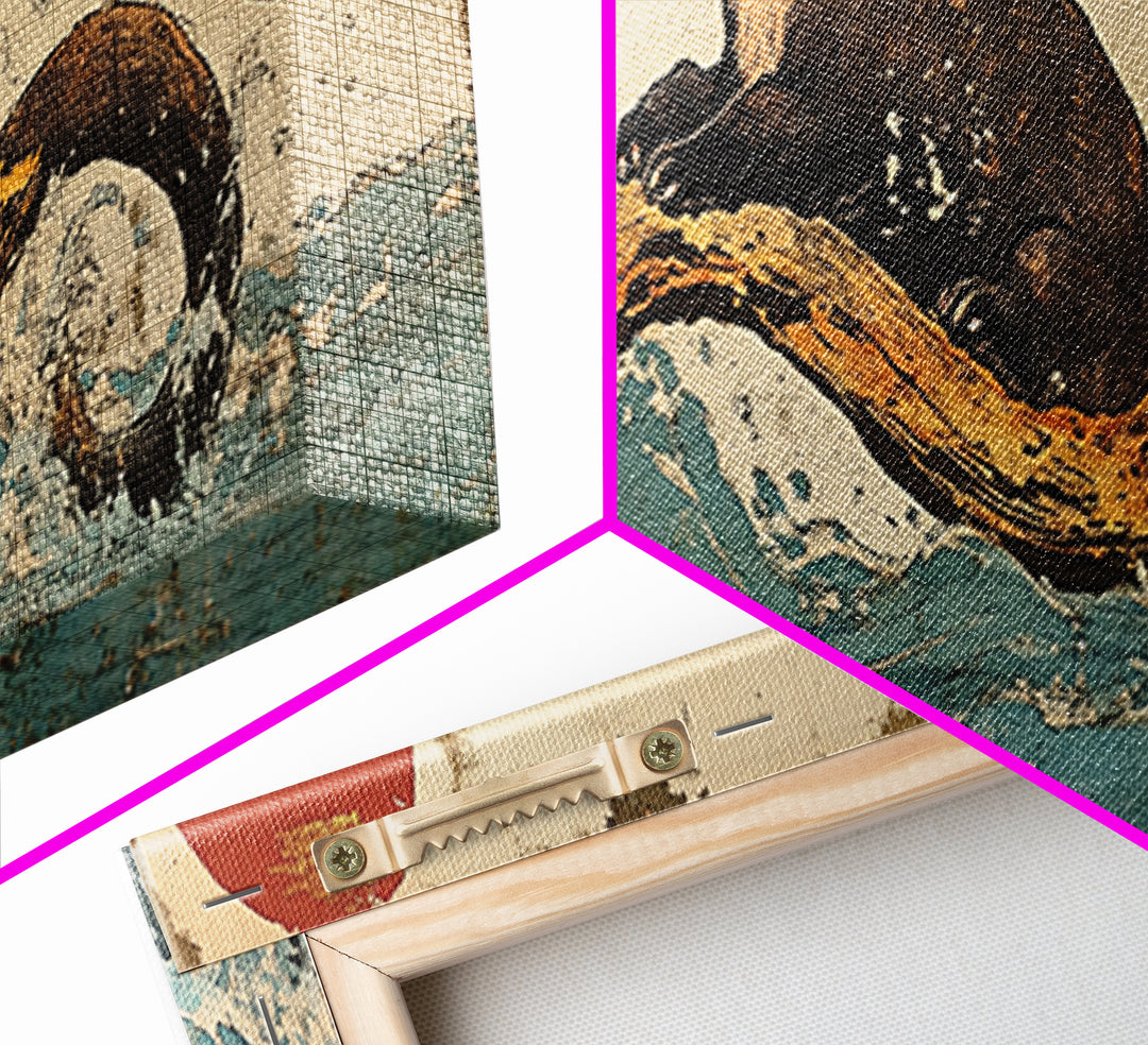 Playful Otter Riding Ocean Wave Wall Art, Japanese Animal Print, Panoramic Canvas, Coastal Bathroom Decor, Wildlife Gift For Her