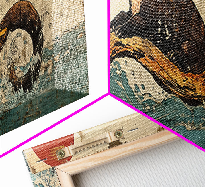 Playful Otter Riding Ocean Wave Wall Art, Japanese Animal Print, Panoramic Canvas, Coastal Bathroom Decor, Wildlife Gift For Her