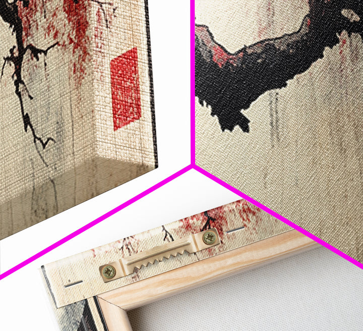 Minimal Black Branch With Red Blossoms Wall Art, Japanese Botanical Canvas Print, Wabi Sabi Neutral Home Decor, Above Bed Art