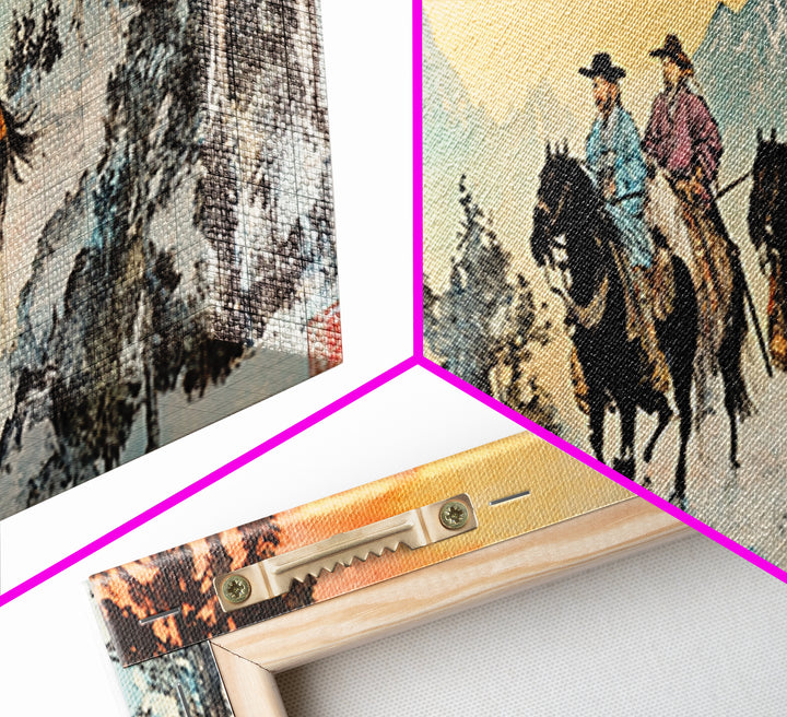 Two Cowboys Snowy Mountain Wall Art, Western Horse Landscape Painting, Rustic Cabin Decor, Large Framed Canvas Print, Gift For Him