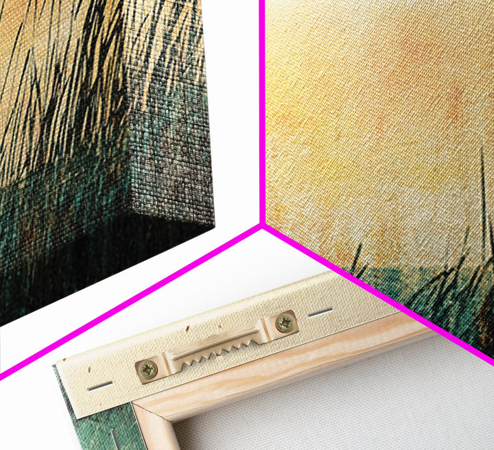 Red Sun Marsh Grass Wall Art, Minimalist Japanese Landscape Print, Zen Nature Decor, Horizontal Canvas, Calming Living Room Decor