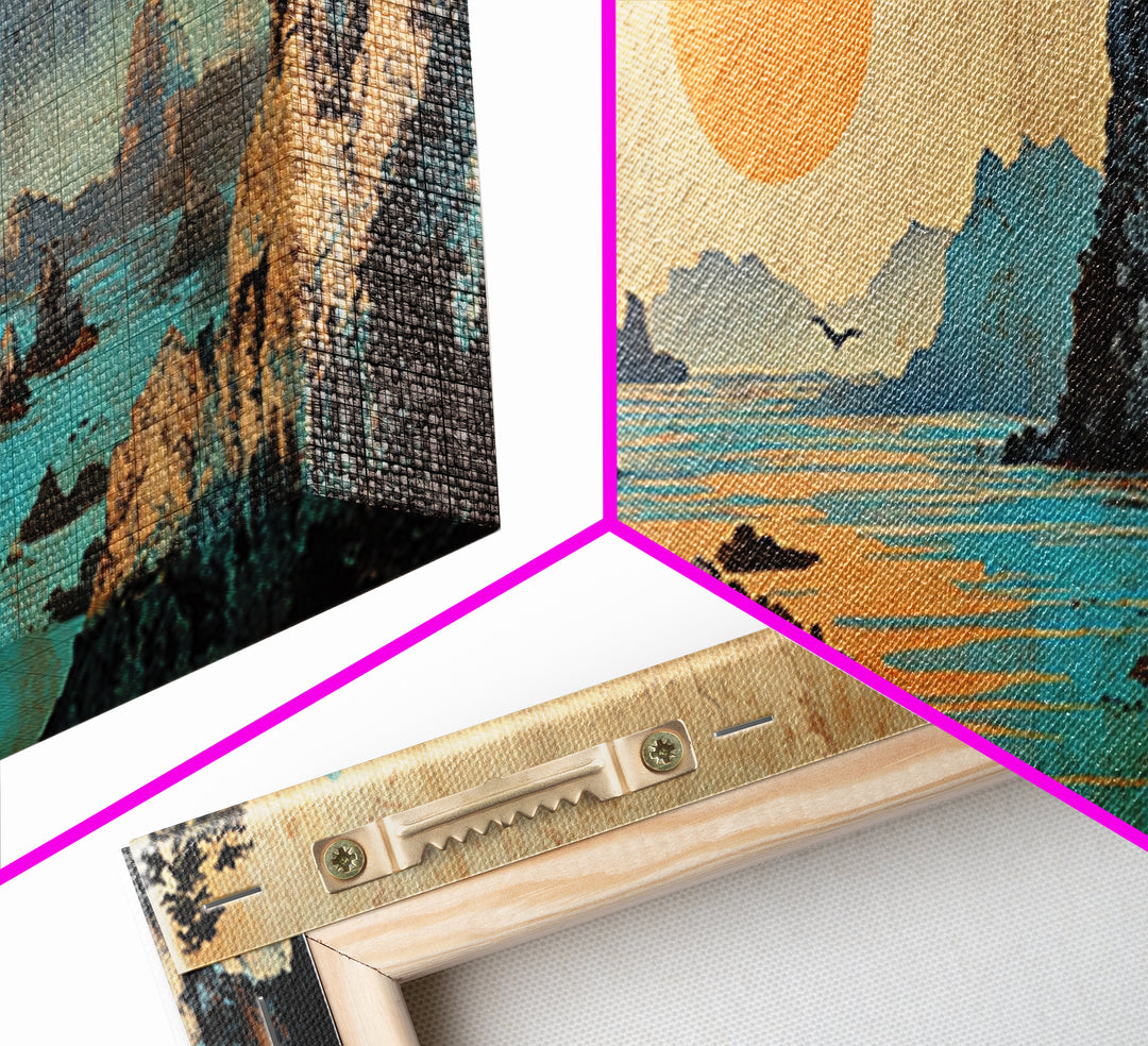Turquoise Karst Bay Sunset Wall Art, Asian Landscape Print, Japanese Wall Decor, Zen Coastal Art, Panoramic Canvas Print