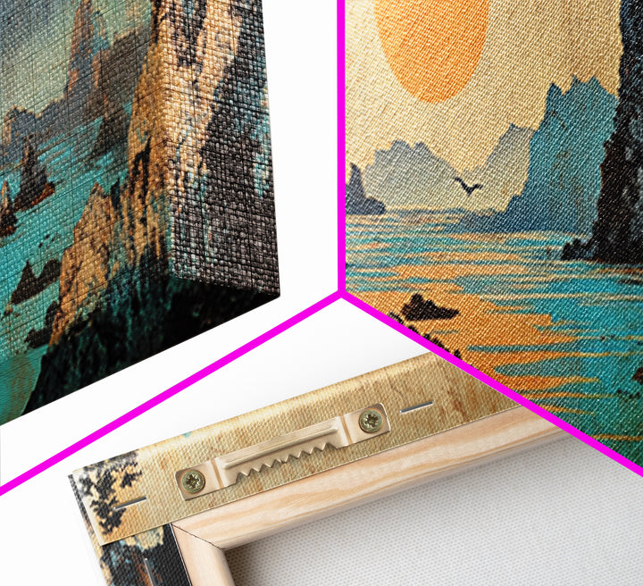 Turquoise Karst Bay Sunset Wall Art, Asian Landscape Print, Japanese Wall Decor, Zen Coastal Art, Panoramic Canvas Print