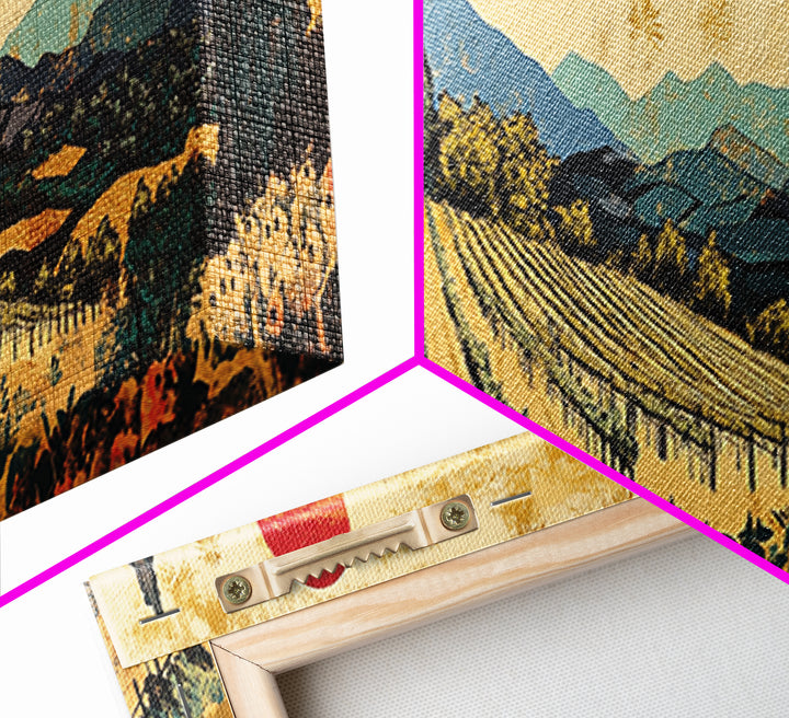 Tuscan Vineyard Rows And Red Sun Canvas Print, Wine Country Landscape Wall Art, Rustic Kitchen Decor, Housewarming Gift Idea