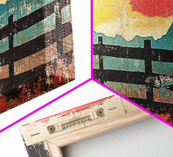 Rustic Fence And Mountain Horizon Wall Art, Abstract Landscape Canvas Print, Mid Century Modern Decor, Horizontal Wall Art