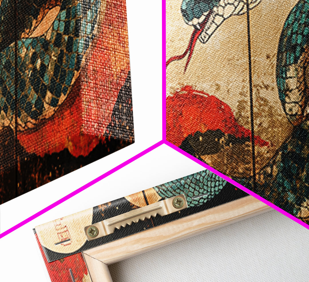 Teal Serpent With Red Sun Waves Wall Art, Japanese Snake Canvas, Ukiyo E Style, Asian Decor, Bold Wildlife Living Room Print