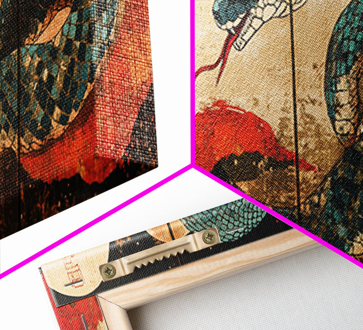 Teal Serpent With Red Sun Waves Wall Art, Japanese Snake Canvas, Ukiyo E Style, Asian Decor, Bold Wildlife Living Room Print