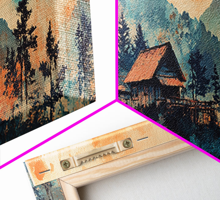Mountain Cabin At Peach Sunrise Wall Art, Watercolor Landscape Print, Rustic Nature Decor, Cozy Bedroom Living Room Canvas