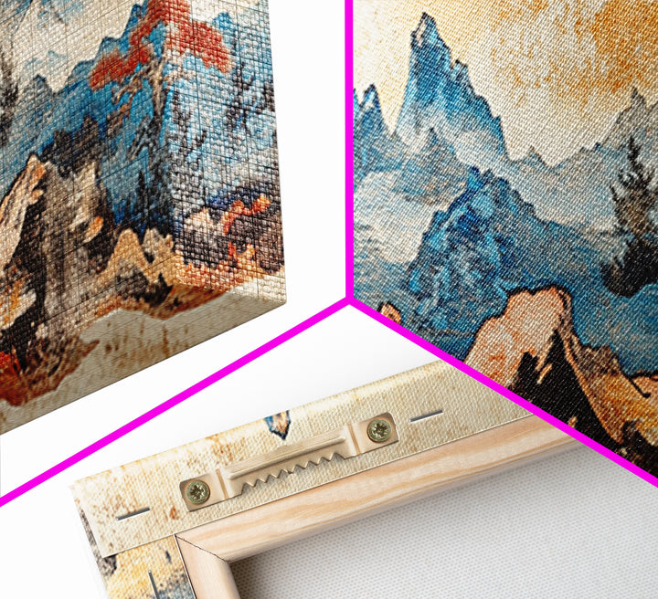 Zen Rock Garden With Blue Mountains Wall Art, Japanese Landscape Print, Wabi Sabi Decor, Serene Japandi Living Room Canvas
