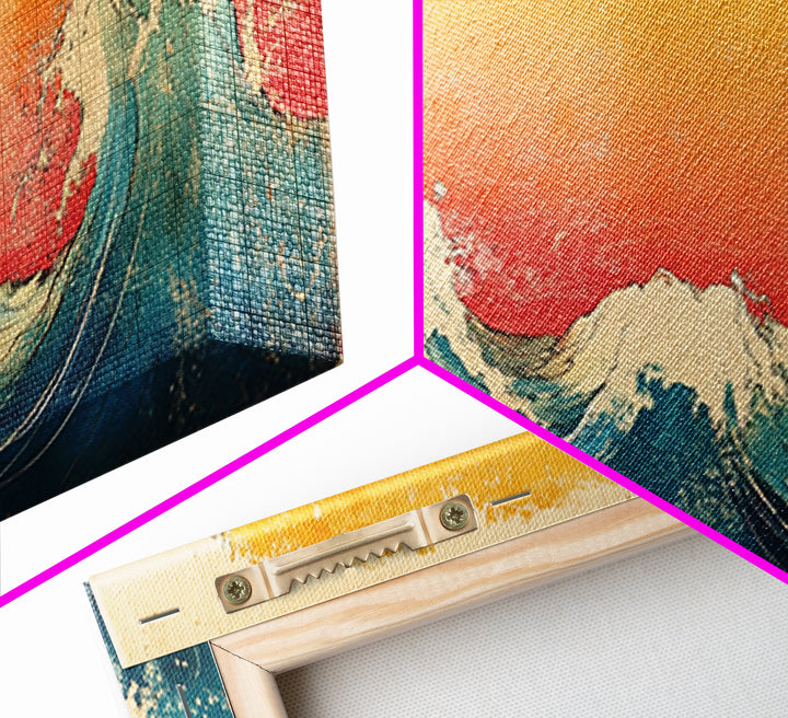 Great Wave At Golden Sunset Canvas Print, Japanese Ocean Wall Art, Hokusai Inspired Coastal Decor, Blue Living Room Print