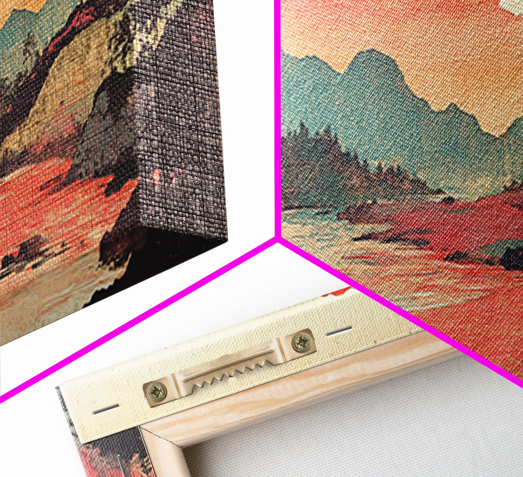 Coral Sky River Valley Wall Art, Japanese Mountain Landscape Print, Long Horizontal Canvas, Modern Living Room Decor, Home Decor