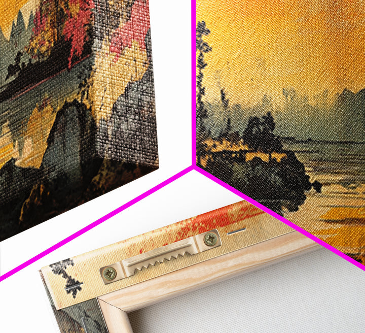 Orange Sunset Lake Wall Art, Cherry Blossom Landscape Canvas Print, Japanese Nature Decor, Panoramic Living Room Art Print