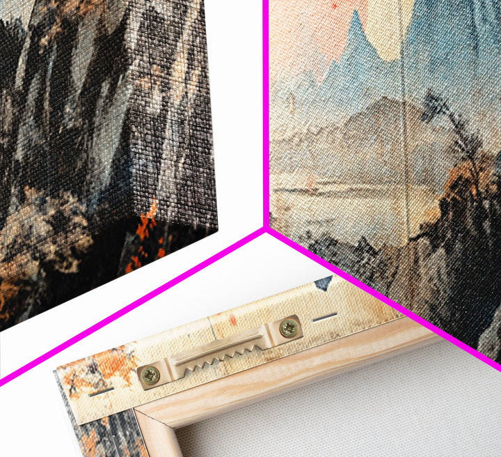 Samurai Mountain Sunset Wall Art, Japanese Landscape Triptych Canvas Print, Asian Wall Decor, Panoramic Living Room Art Print