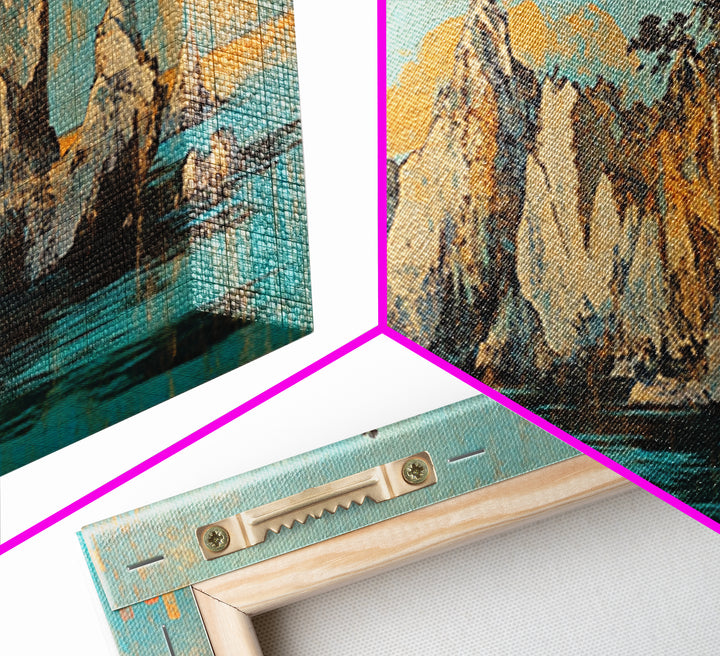 Turquoise Island Seascape With Rocky Pines, Japanese Wall Art, Coastal Landscape Print, Panoramic Canvas, Living Room Decor
