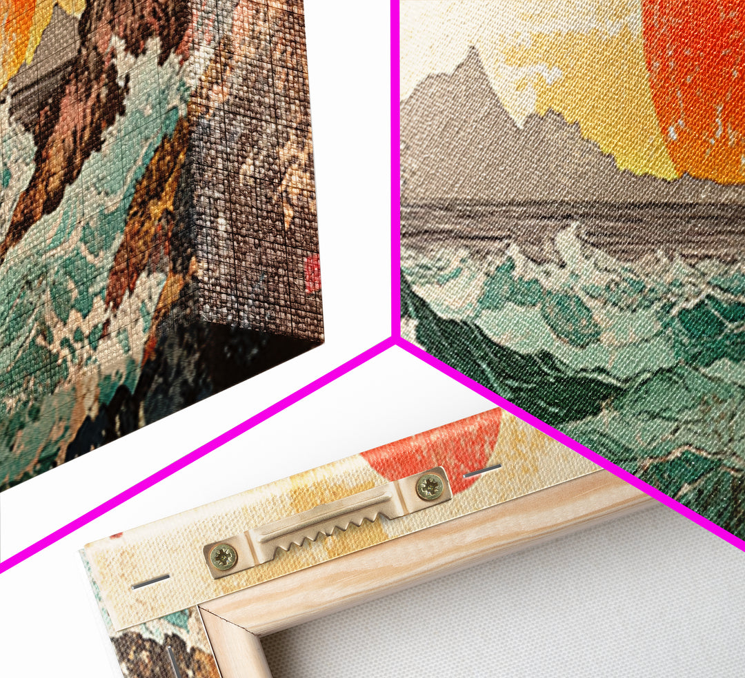 Crashing Wave And Red Sun, Japanese Wall Art, Ocean Seascape Canvas Print, Coastal Wall Decor, Large Living Room Art, Home Decor