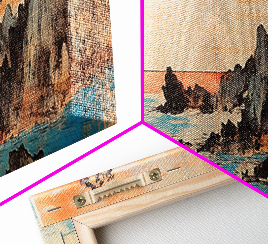 Red Sun Over Ocean Cliffs, Japanese Wall Art, Coastal Seascape Print, Panoramic Canvas, Modern Living Room Decor, Home Decor
